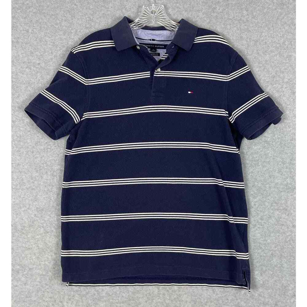 Tommy Hilfiger Polo Shirt Mens M Navy Striped Classic Fit Preppy